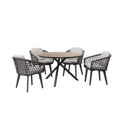 Boender Outdoor Cala 5-delige dining tuinset met ronde tafel en ropes stoelen met grijze kussens