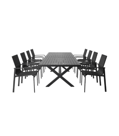 Boender Outdoor Long Island tuinset voor 8 personen met zwarte uitschuifbare tafel en stoelen met armleuningen